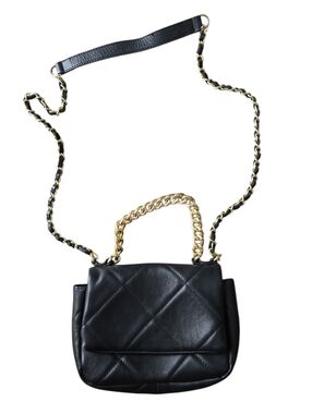 ANNA PAOLA Padded Quilt Black Leather Crossbody Purse With Gold Chain Small